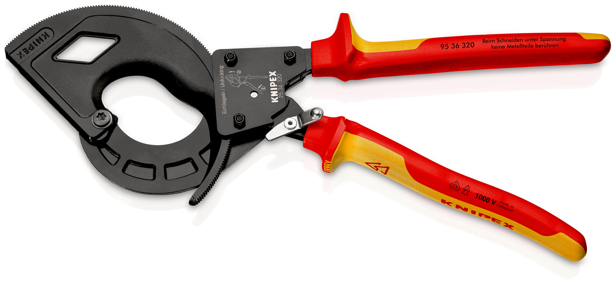 Coupe-câbles à cliquet 320mm - Cu/Al D60mm/600mm² - Gainage isolé 1000V KNIPEX - 9536320