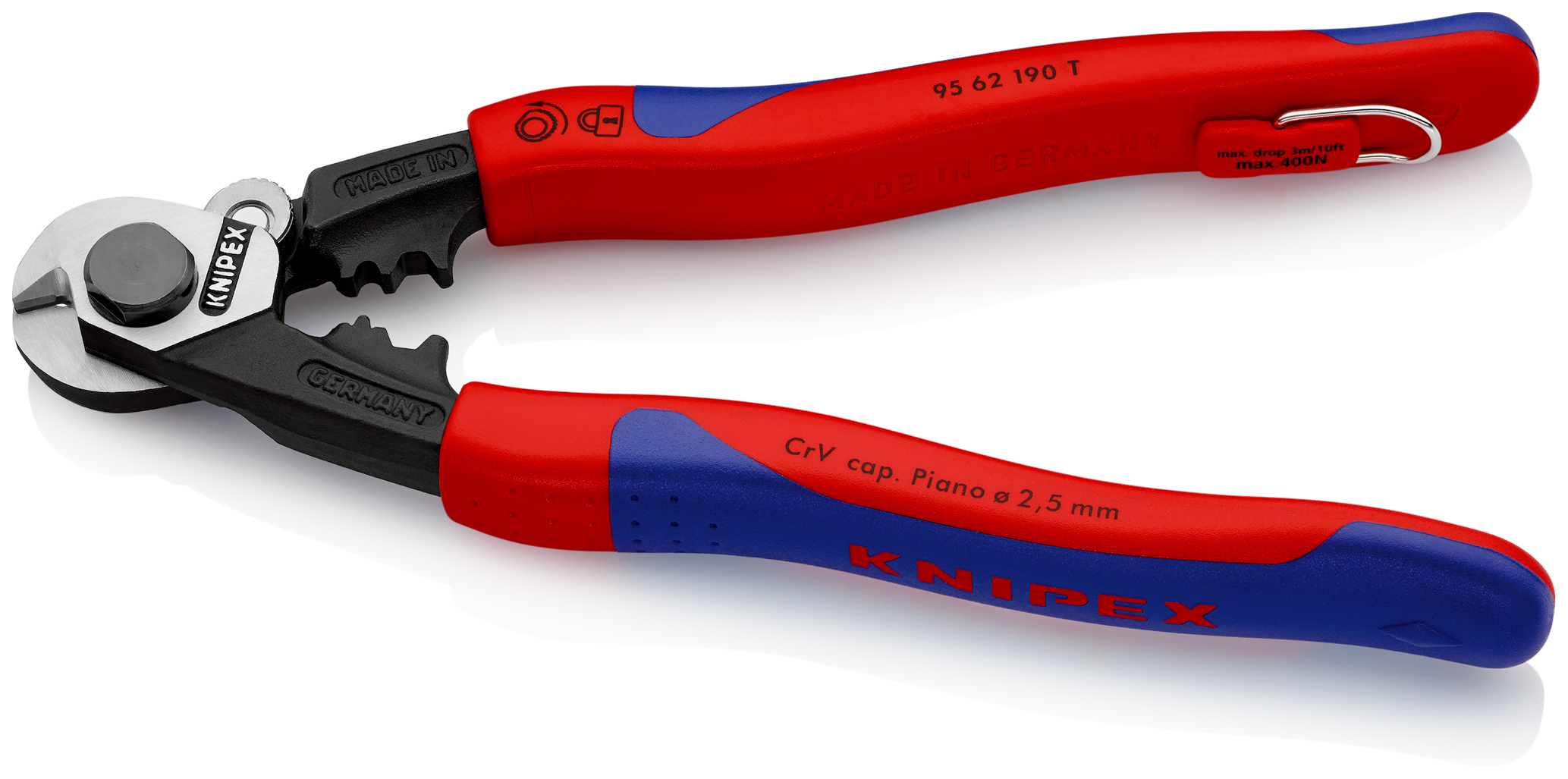 Coupe-câbles acier 190mm - D2,5-4-5-7mm - Gainage bi-matière - illet antichute KNIPEX - 9562190T