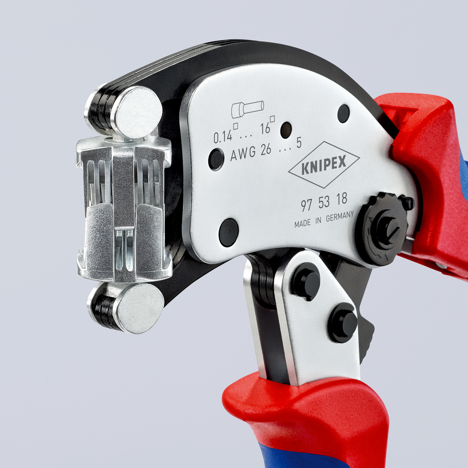 Pince à sertir auto-ajustable pour embouts de câble, avec tête de sertissage rotative Twistor16® - KNIPEX - 97 53 18