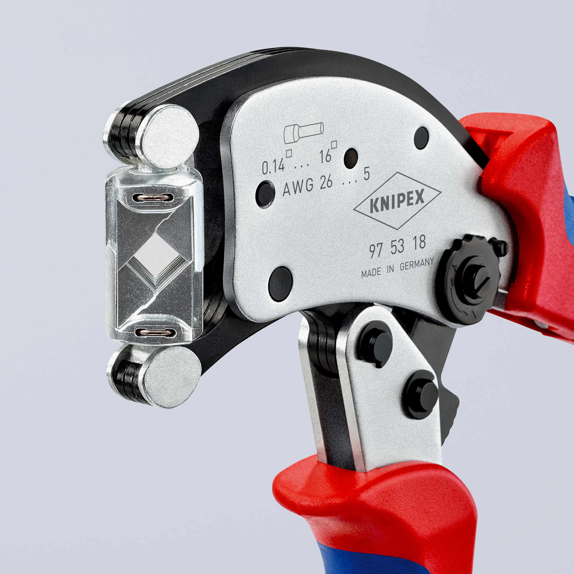 Pince à sertir auto-ajustable pour embouts de câble, avec tête de sertissage rotative Twistor16® - KNIPEX - 97 53 18
