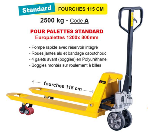Transpalette manuel 2,5 tonnes LEVAC fourches 115 cm - 6140A