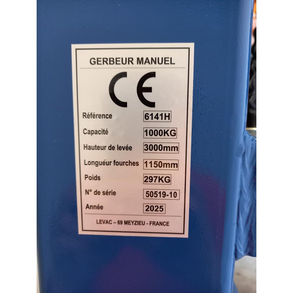 GERBEUR MANUEL 1000KG LEVEE 3M - OCCASION - LEVAC 6141H