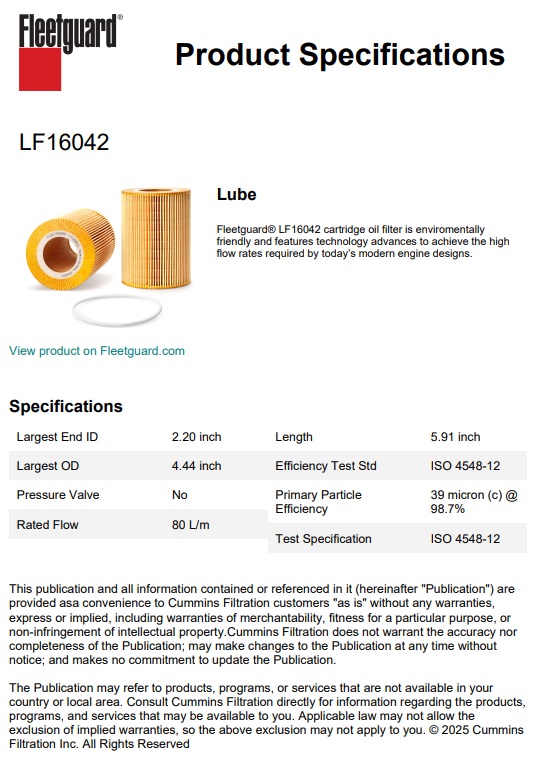 FILTRE A HUILE FLEETGUARD LF16042 EQUIVALENT AU HIFI SO 11051
