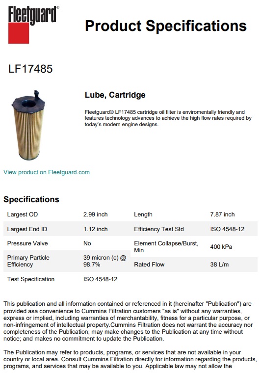 FILTRE A HUILE FLEETGUARD LF17485 EQUIVALENT A HIFI SO 7213