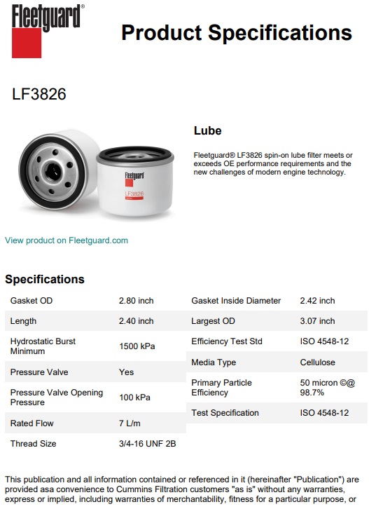 FILTRE A HUILE FLEETGUARD LF3826 EQUIVALENT AU HIFI SO 131