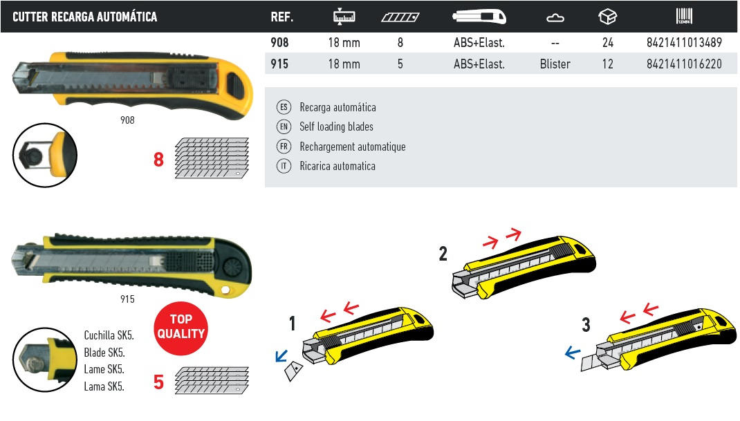CUTTER MEDID EN ABS + ÉLASTIQUE RECHARGE AUTOM 18MM 8 LAMES - 908