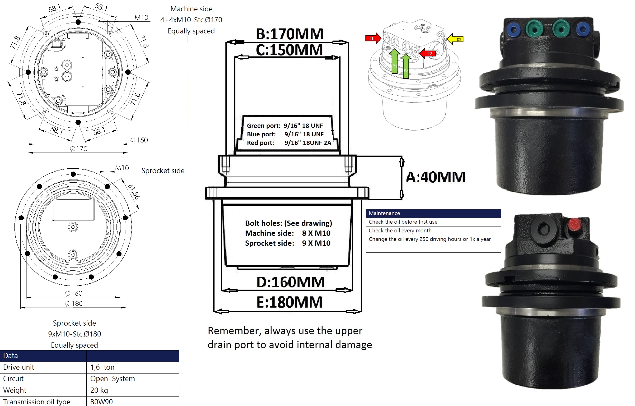 Motoréducteur MECATRA VOLVO EC15/CATERPILLAR 301.5-301.6-301.8 pour machine de 1,5 tonnes - TPMRC15A