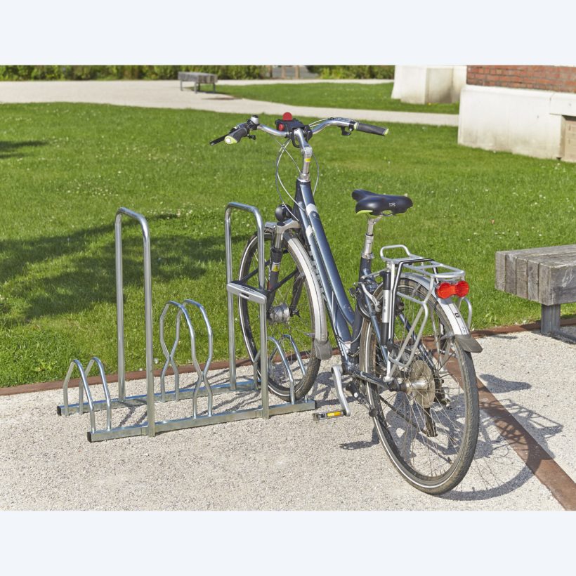 Râtelier 3 vélos sur 2 niveaux avec 2 arceaux pour antivol - MOTTEZ - B129V3AR