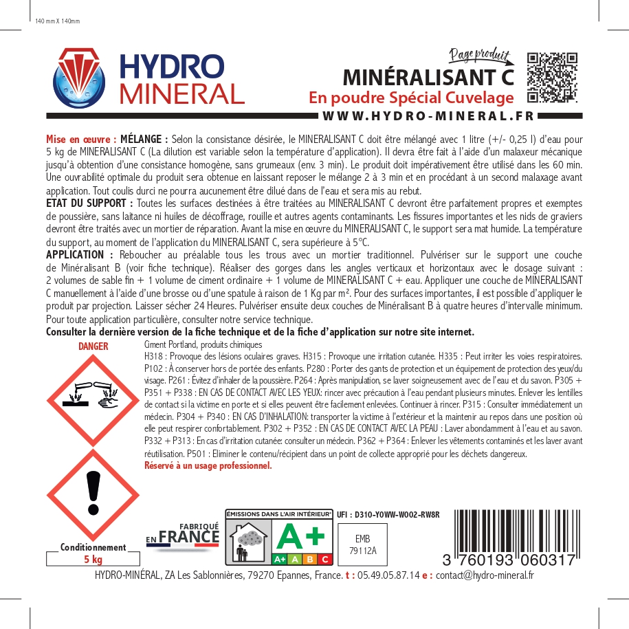 Seau Minéralisant C de cuvelage Hydrofuge 5 L HYDRO MINERAL - MC5