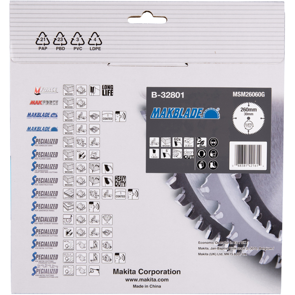 Lame de scie carbure MakBlade D260 mm alésage 30 mm 60 dents - MAKITA - B-32801