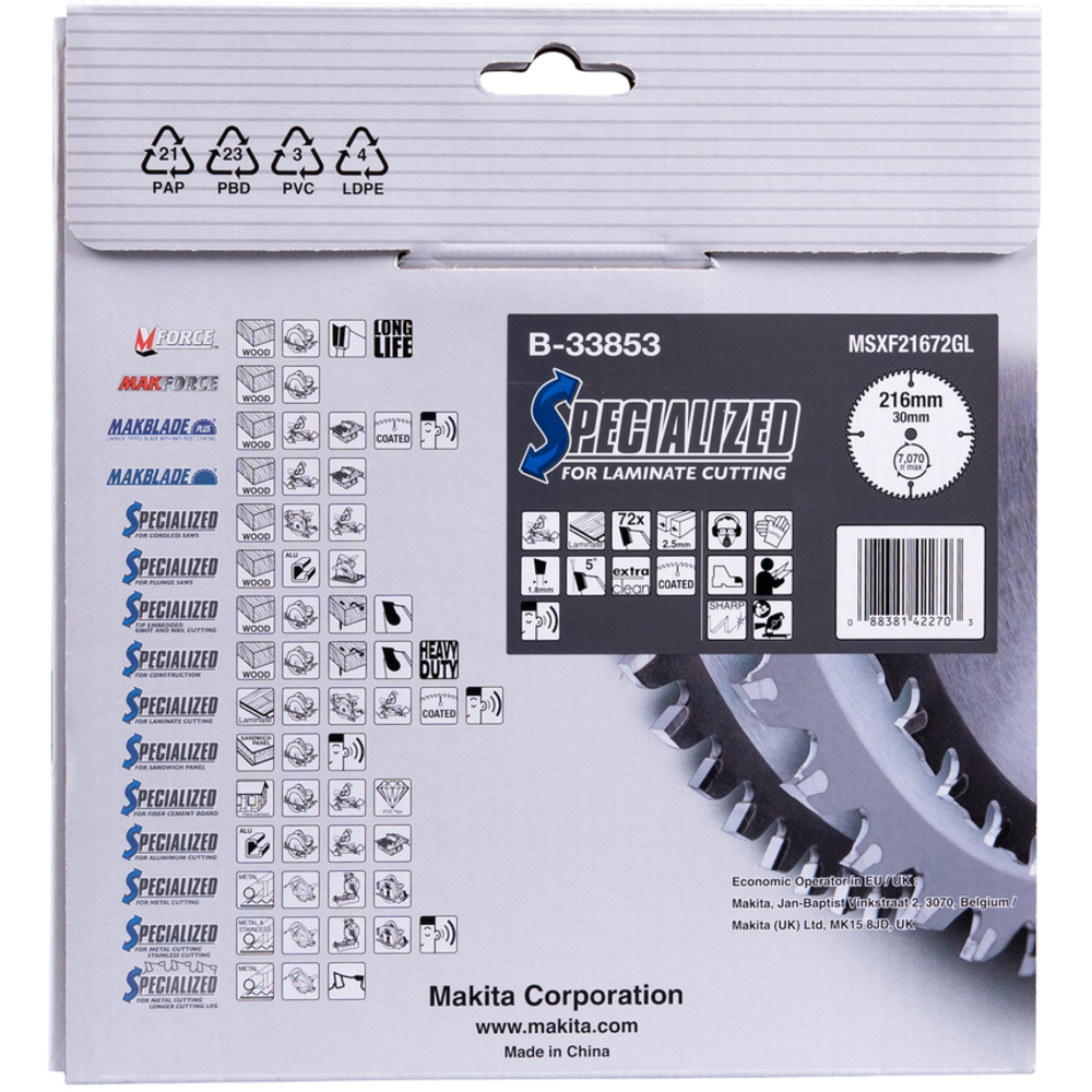 Lame de scie circulaire alliage T.C.T spécialisé 216 x 30 mm, 72 dents - MAKITA - B-33853