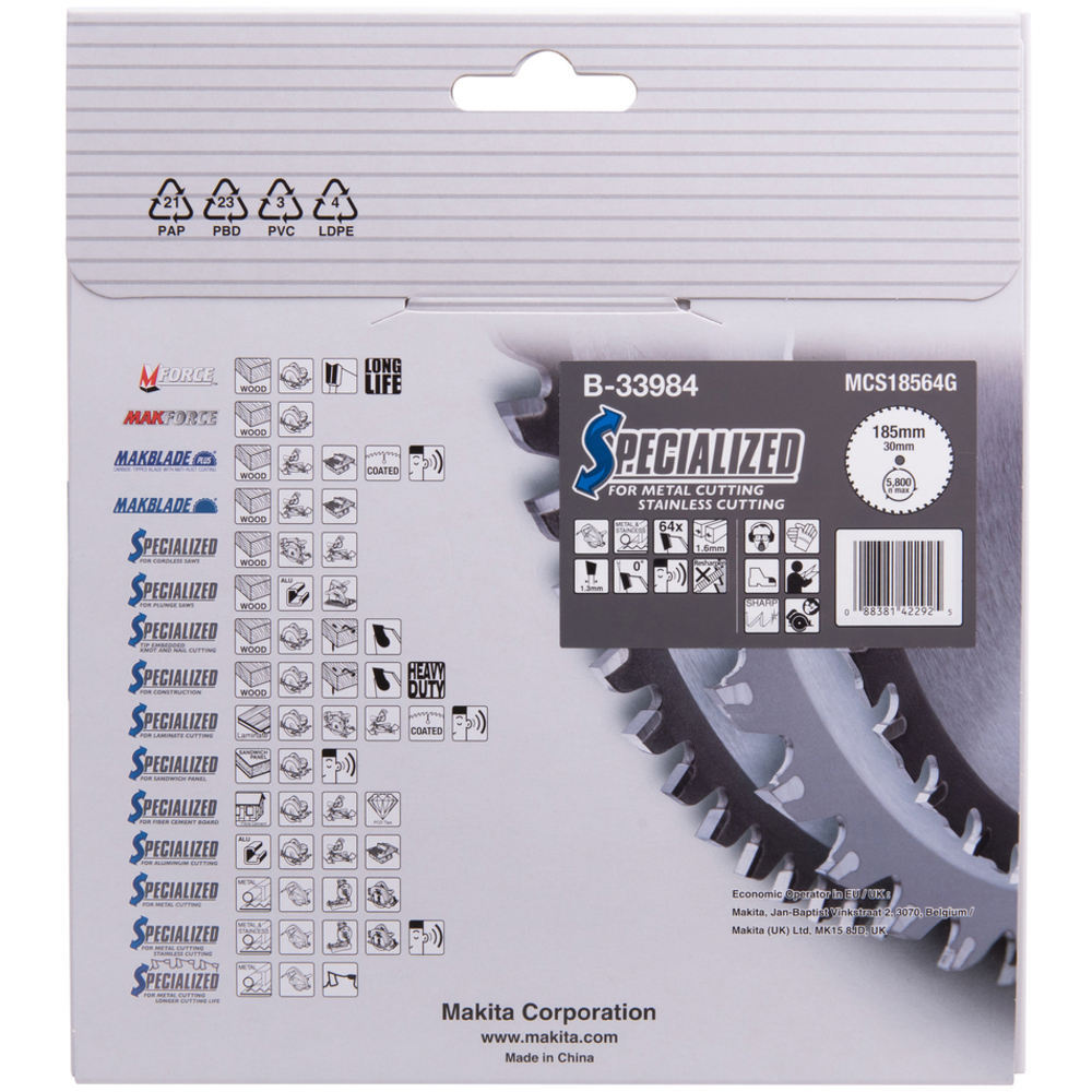 LAM TCT PO SIL 185/30/64 INOX - MAKITA - B-33984