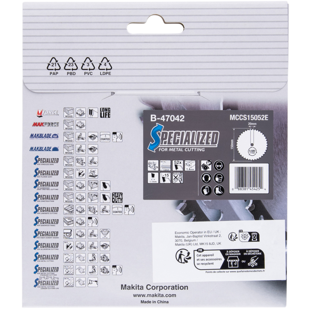 Lame carbure 150 mm, 52 dents, al 20 mm ''Specialized'' tôle mince pour scie circulaire - MAKITA - B-47042