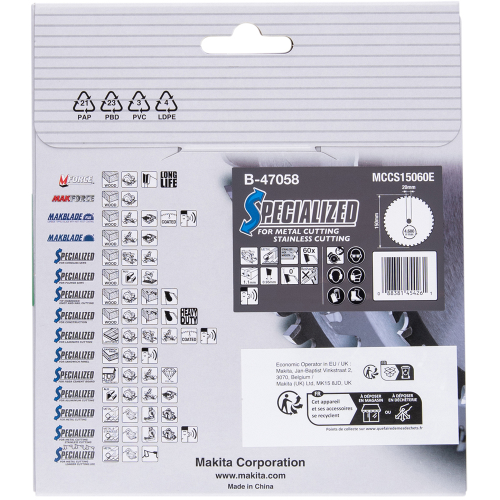 LAME CARBURE INOX/METAL SPE MET+BATT 150X20MM 60D - MAKITA - B-47058