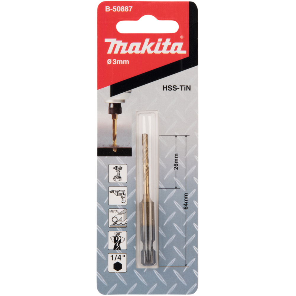 Forets courts à métaux HSS titane, hex 1/4'', pour visseuses à chocs 3X64 - MAKITA - B-50887