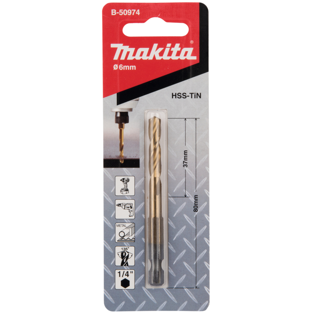 FORET COURT À MÉTAUX HSS TITANE HEX 1/4'' POUR VISSEUSES À CHOCS D6 MM LONGUEUR 80 MM - MAKITA - B-50974