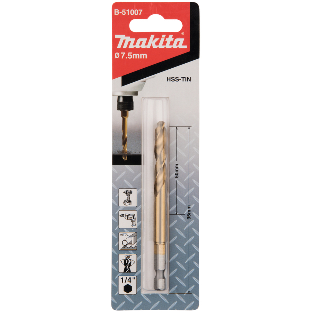 Forets courts à métaux HSS titane pour visseuses à chocs 7.5X95 - MAKITA - B-51007