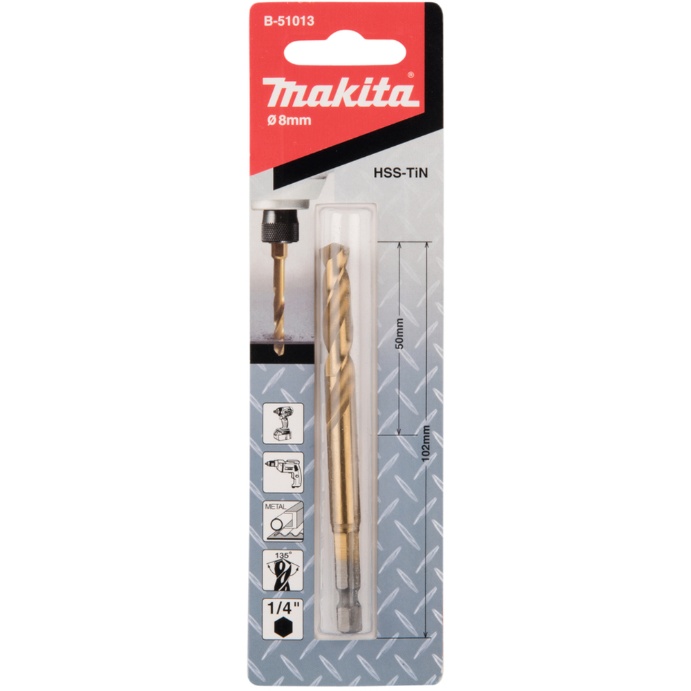 FORET COURT À MÉTAUX HSS TITANE HEX 1/4'' POUR VISSEUSES À CHOCS D8 MM LONGUEUR 102 MM - MAKITA - B-51013