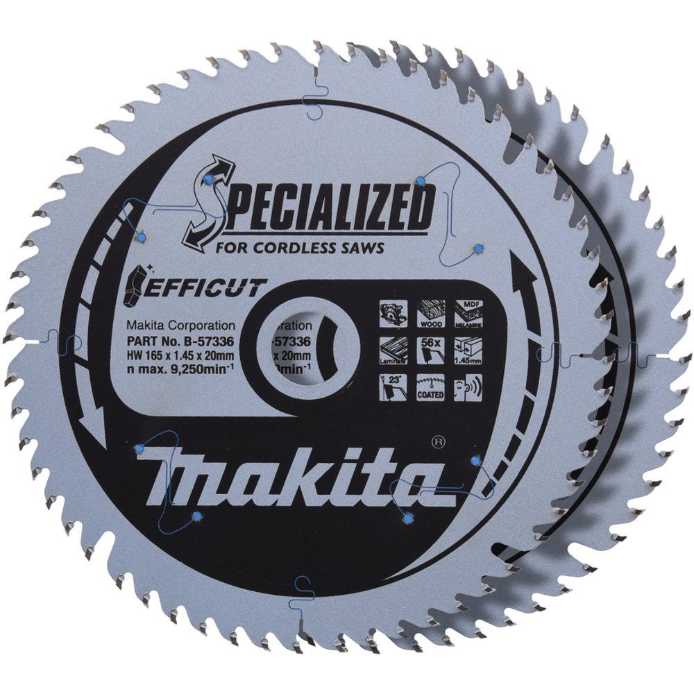 2 Lames 165X20X56D EFFICUT pour bois, MDF et stratifié, pour scies circulaires à batterie - MAKITA - B-57336-2
