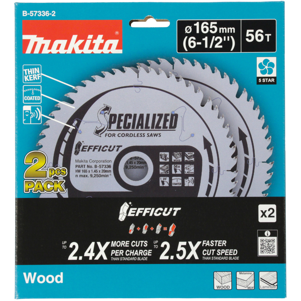 2 Lames 165X20X56D EFFICUT pour bois, MDF et stratifié, pour scies circulaires à batterie - MAKITA - B-57336-2