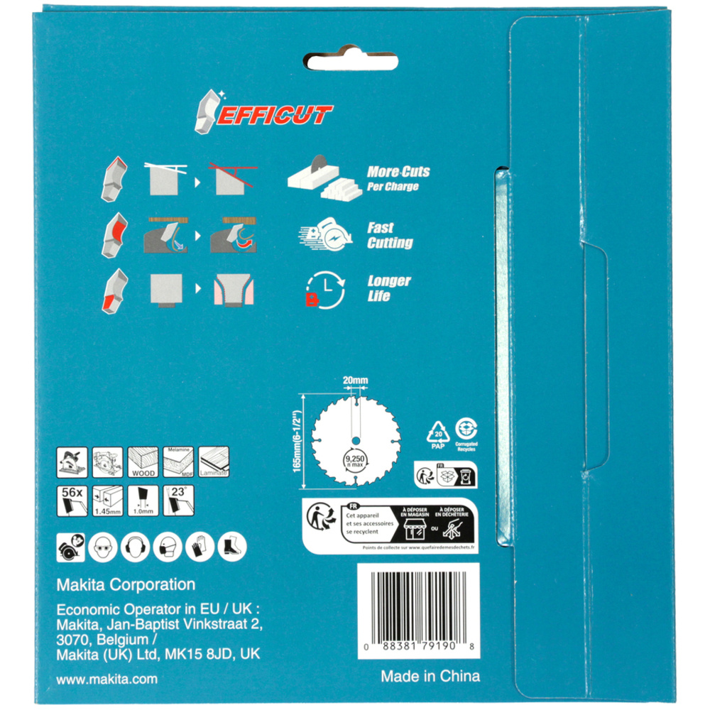 2 Lames 165X20X56D EFFICUT pour bois, MDF et stratifié, pour scies circulaires à batterie - MAKITA - B-57336-2