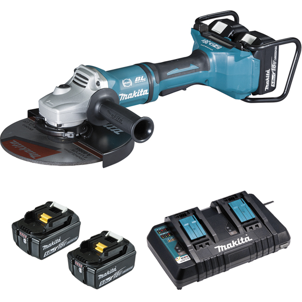 MEULEUSE D230 MM 36 = 2 X 18 V LI-ION 5 AH 4 BATTERIES + CHARGEUR DOUBLE - MAKITA - DGA900PT4