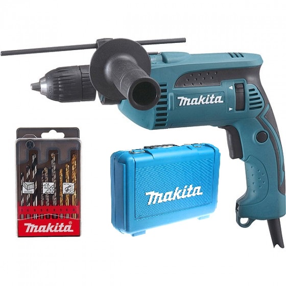 Perceuse à percussion MAKITA filaire 13 mm avec coffret de 9 forêts et un coffret de transport - HP1641K1X