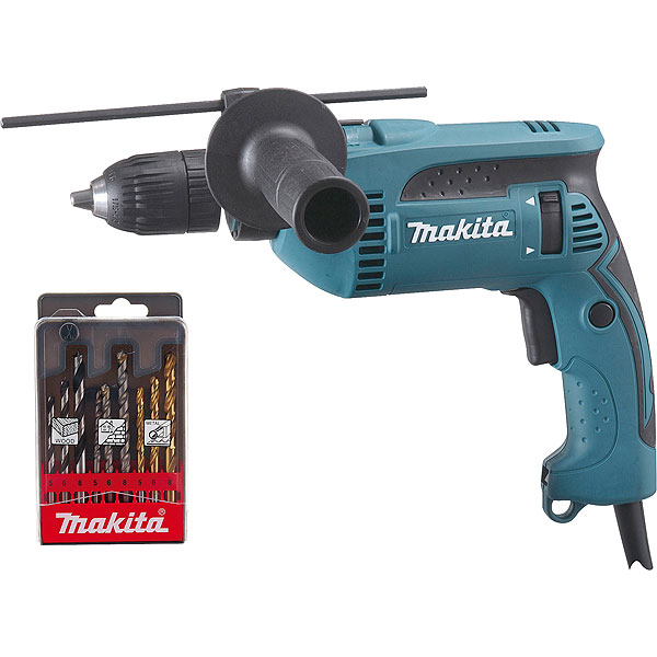 Perceuse à percussion MAKITA filaire 13 mm avec coffret de 9 forêts et un coffret de transport - HP1641K1X