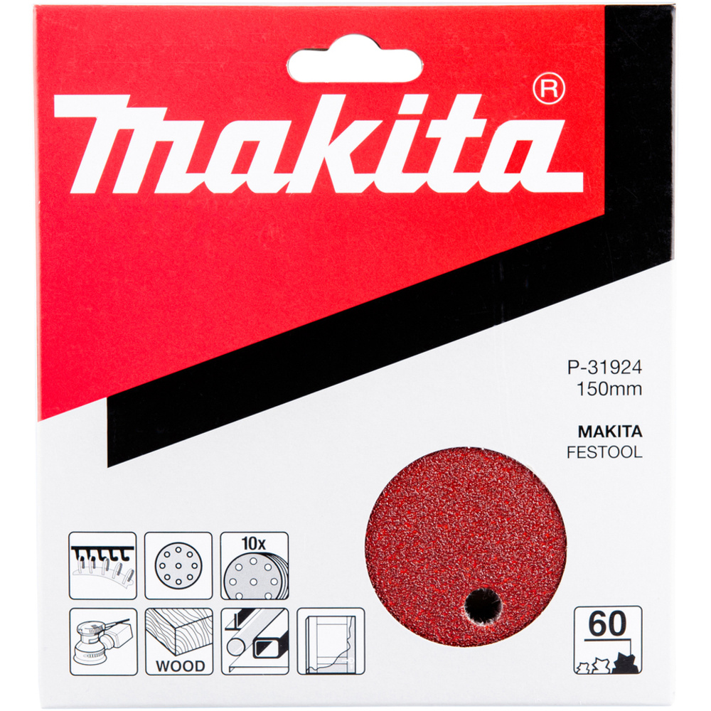 10 DISQUES ABRASIFS D150 MM GRAIN 60 AUTO-AGRIPPANT 8 + 1 TROUS- MAKITA - P-31924