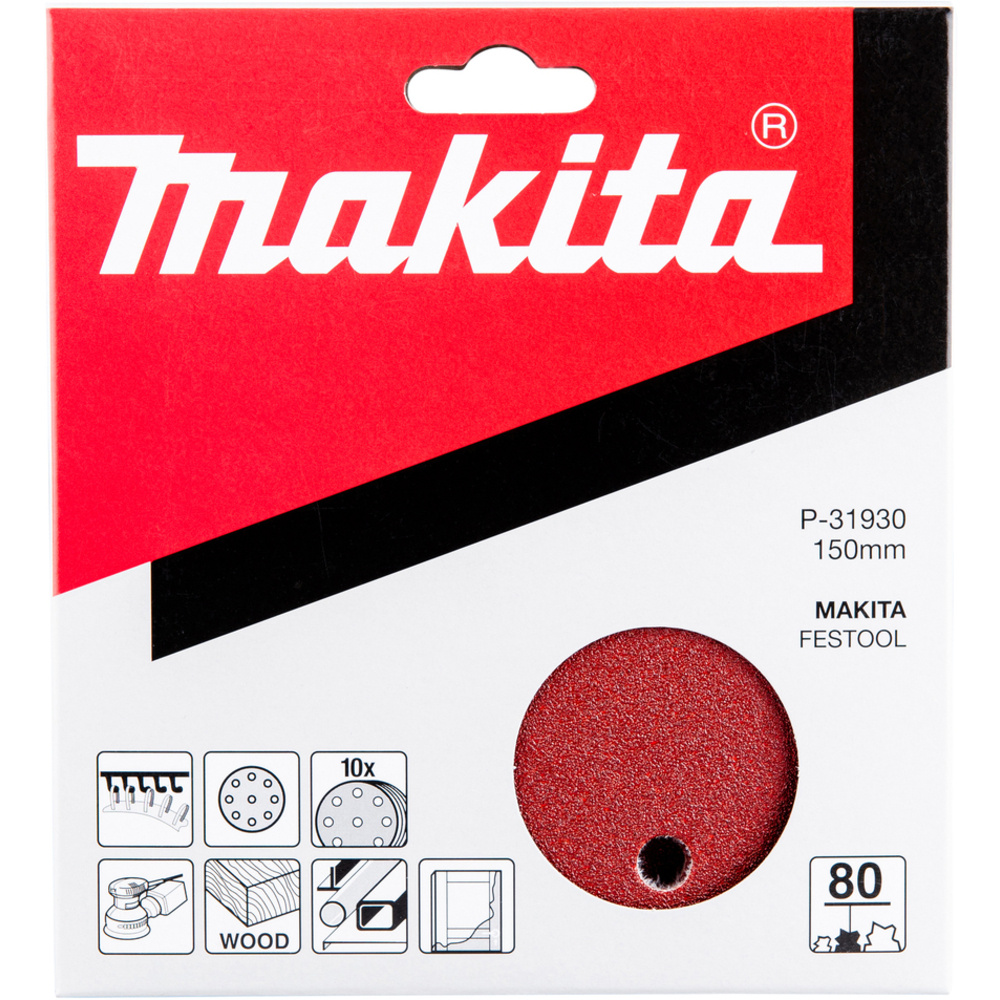 10 DISQUES ABRASIFS D150 MM GRAIN 80 AUTO-AGRIPPANT 8 + 1 TROUS- MAKITA - P-31930