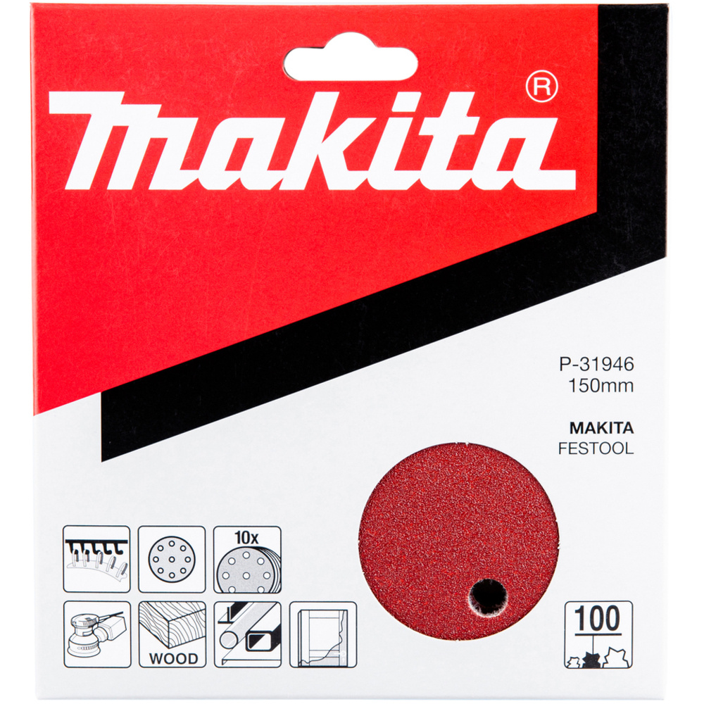 10 DISQUES ABRASIFS D150 MM GRAIN 100 AUTO-AGRIPPANT 8 + 1 TROUS BOIS/MÉTAL - MAKITA - P-31946