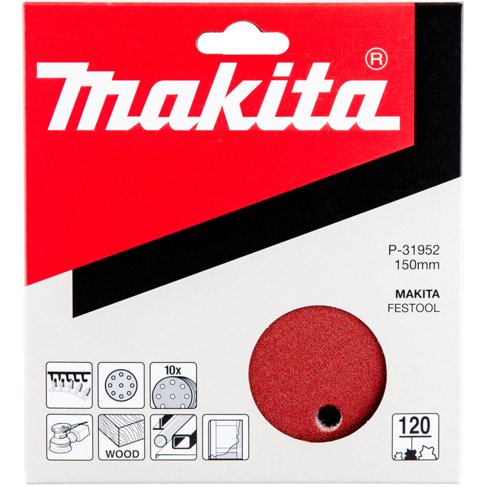 10 DISQUES ABRASIFS D150 MM GRAIN 120 AUTO-AGRIPPANT 8 + 1 TROUS BOIS/MÉTAL - MAKITA - P-31952