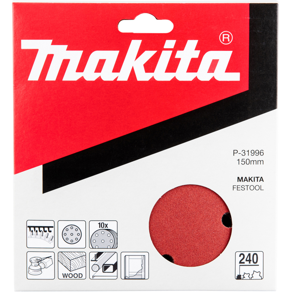 10 DISQUES ABRASIFS D150 MM GRAIN 240 AUTO-AGRIPPANT 8 + 1 TROUS- MAKITA - P-31996