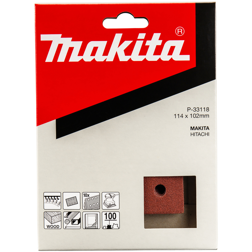 10 FEUILLES RECTANGULAIRES ABRASIVES 114X102 MM GRAIN 100 - 3 + 3 TROUS - MAKITA - P-33118