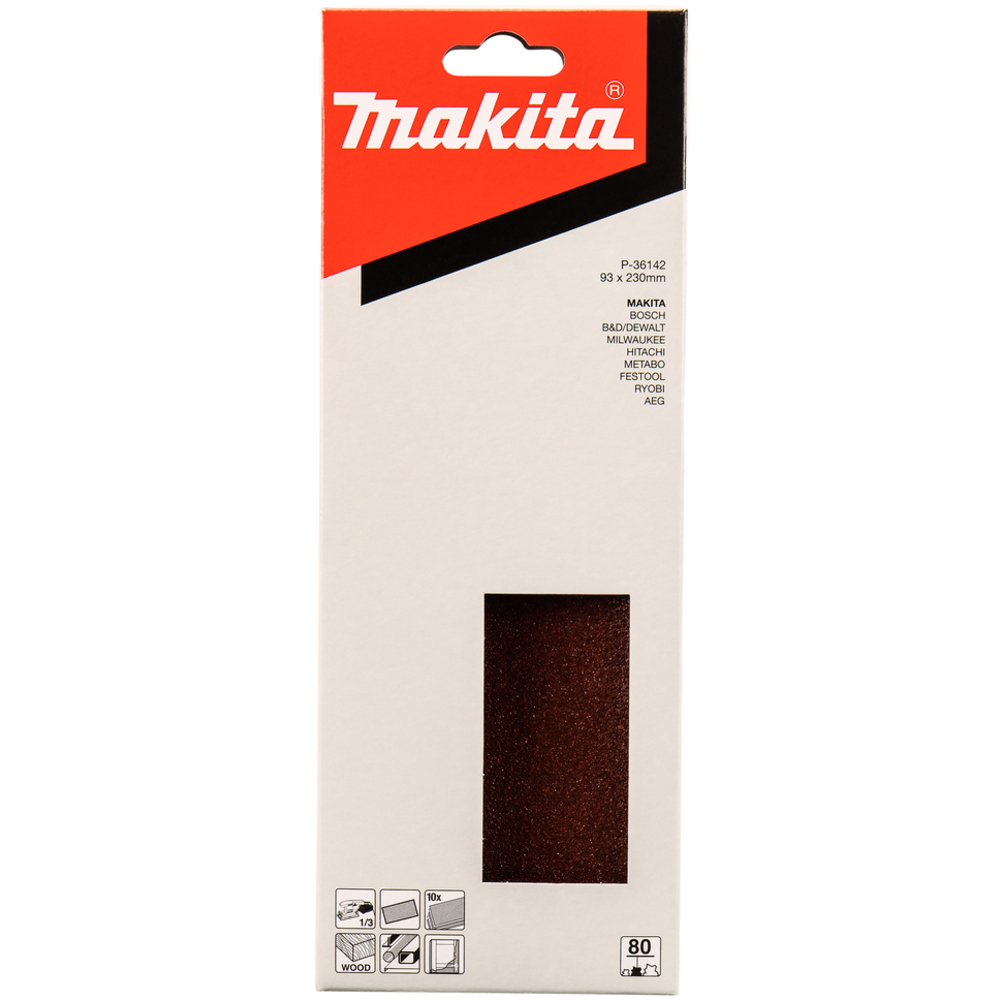 10 FEUILLES RECTANGULAIRES ABRASIVES 93X230 MM GRAIN 80 - MAKITA - P-36142