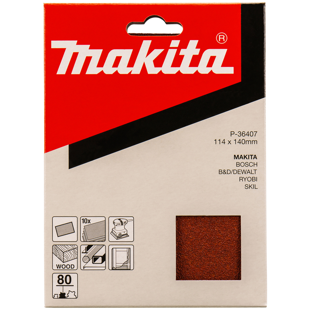 10 FEUILLES RECTANGULAIRES ABRASIVES 114X140 MM GRAIN 80 - MAKITA - P-36407