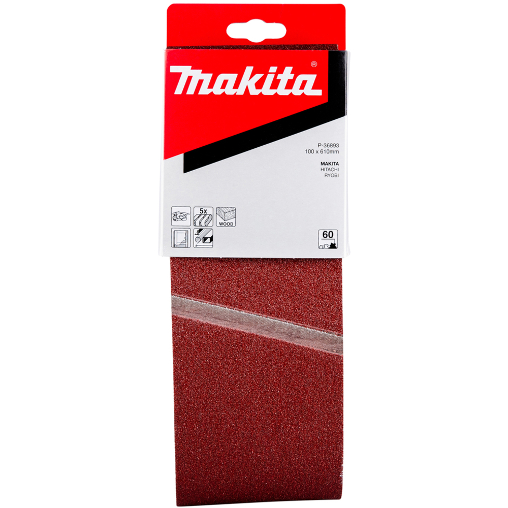 5 BANDES ABRASIVES 100X610 MM GRAIN 60 POUR BOIS MÉTAL- MAKITA - P-36893