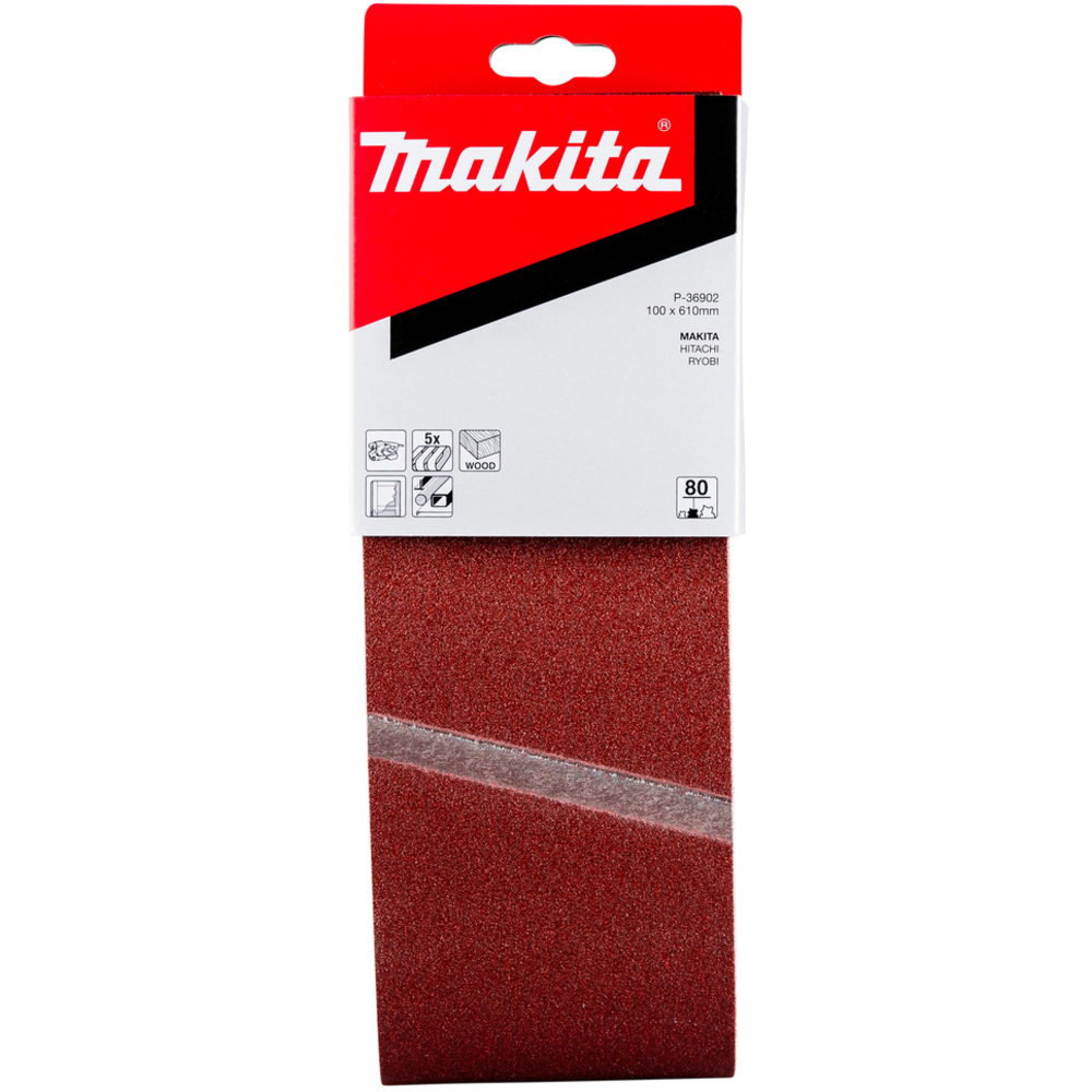 5 BANDES ABRASIVES 100X610 MM GRAIN 80 POUR BOIS MÉTAL - MAKITA - P-36902