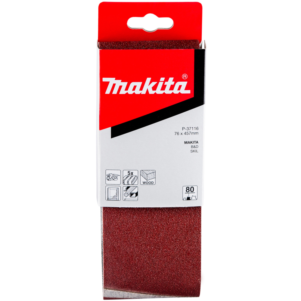 5 BANDES ABRASIVES 76X457 MM GRAIN 80 POUR BOIS MÉTAL- MAKITA - P-37116