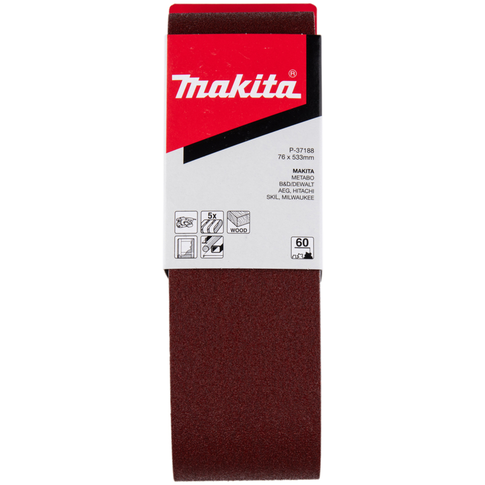 5 BANDES ABRASIVES 76X533 MM GRAIN 60 POUR BOIS MÉTAL- MAKITA - P-37188