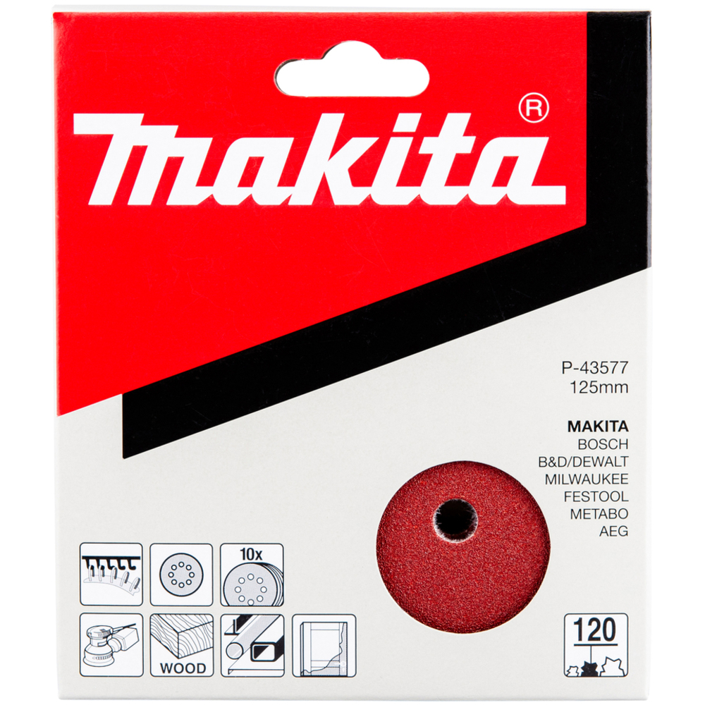 10 Disques abrasifs Diam. 125 mm auto-agrippant 8 trous bois/métal - MAKITA - P-43577