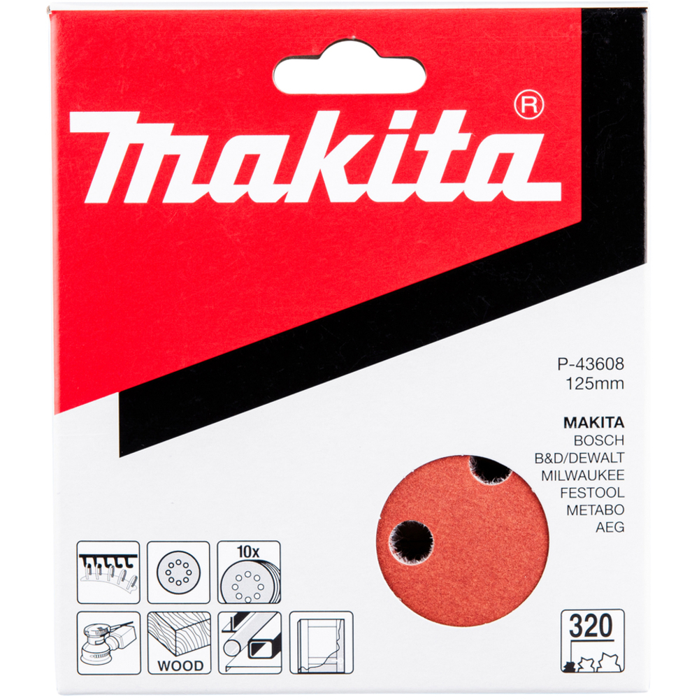 disques abrasifs grain 320 Diam. 125 mm auto-agrippant 8 trous bois/métal lot de 10 - MAKITA - P-43608