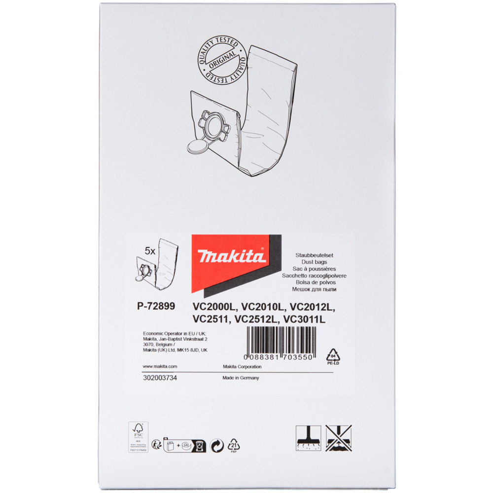 LOT DE 5 SACS EN TISSU POUR ASPIRATEURS VC2010L - MAKITA - P-72899