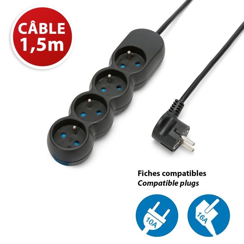 Multiprise 4 prises 16A avec protection enfant - câble 1,5m - VELAMP - MULTIP-FR-4K