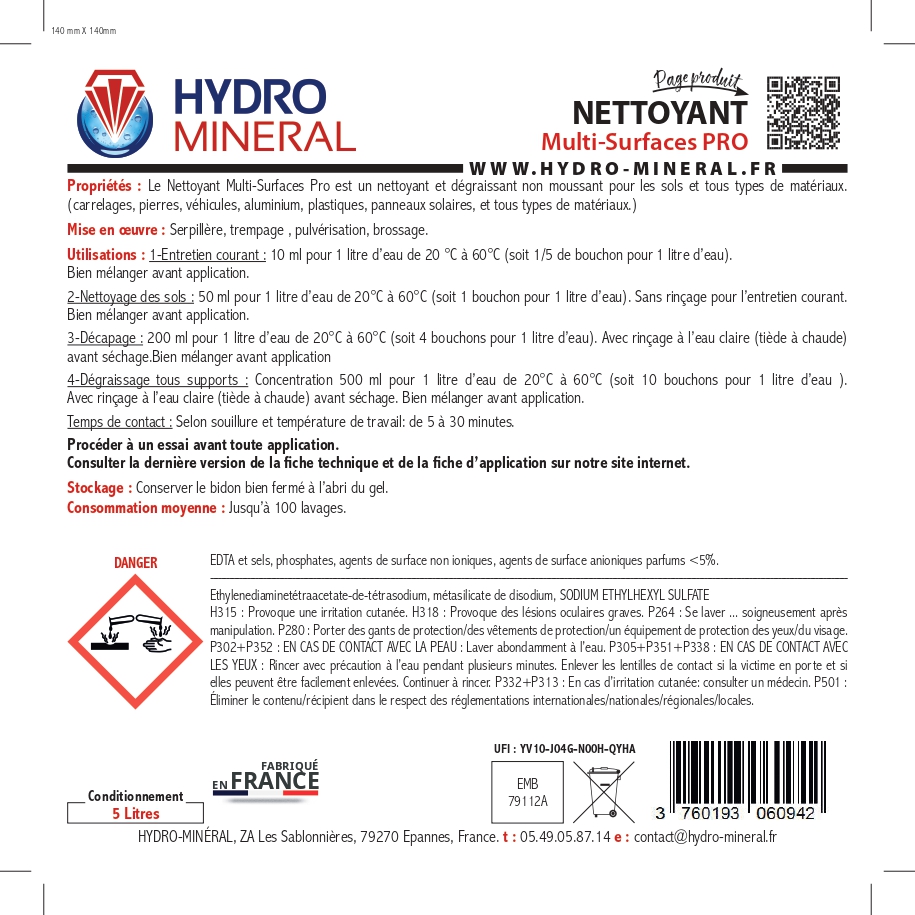 Bidon nettoyant Multi-surfaces  PRO 5 L HYDRO MINERAL - NMS5