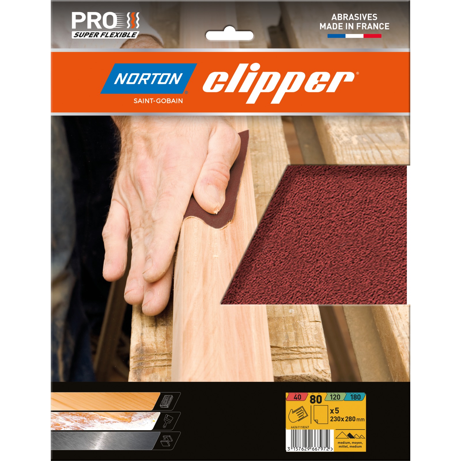 Feuille de toile abrasive super flexible - grain 80 - 230x280 mm - liasse de 5 pcs NORTON - 66261118247