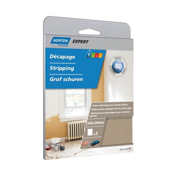 3 feuilles de ponçage multi-usage - 230x280 mm, grain 40 - NORTON - 66623308301