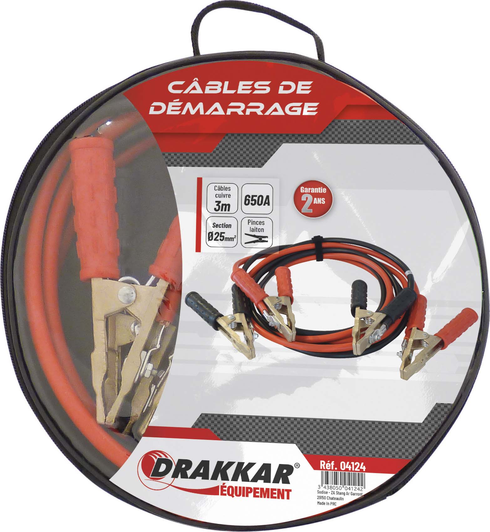 Jeu cables demarrage cuivre 25mm2 3m00 pinces bronze 650a sachet DRAKKAR EQUIPEMENT - 04124