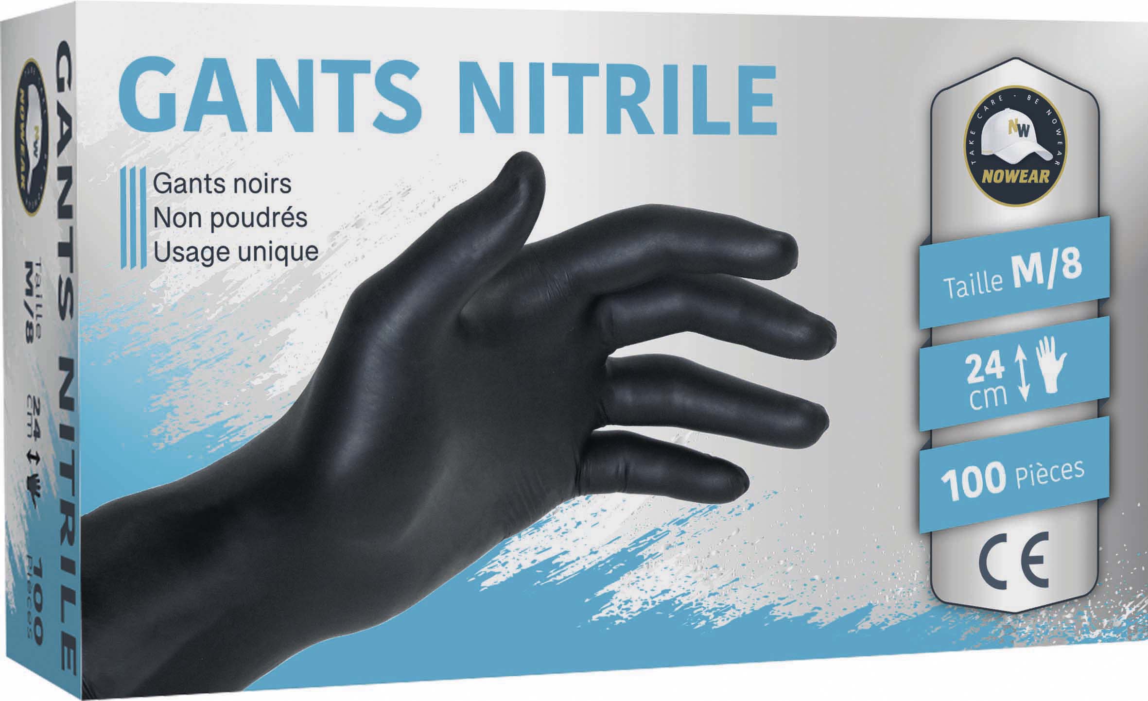 Gants jetables ambidextres nitrile 240mm noir T8 - Boîte de 100 pcs NOWEAR - 65001