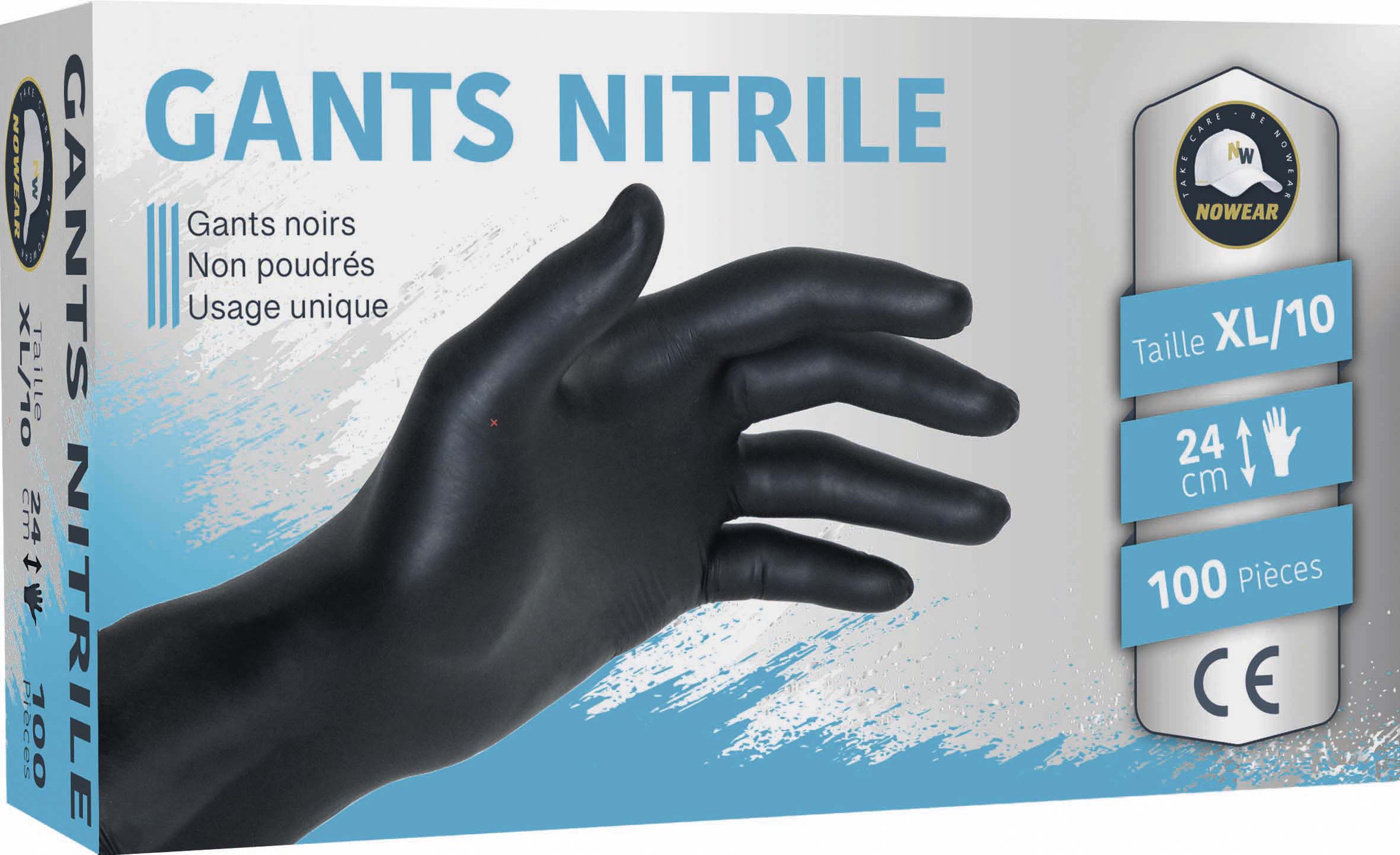 Gants jetables ambidextres nitrile 240mm noir T10 - Boîte de 100 pcs NOWEAR - 65003